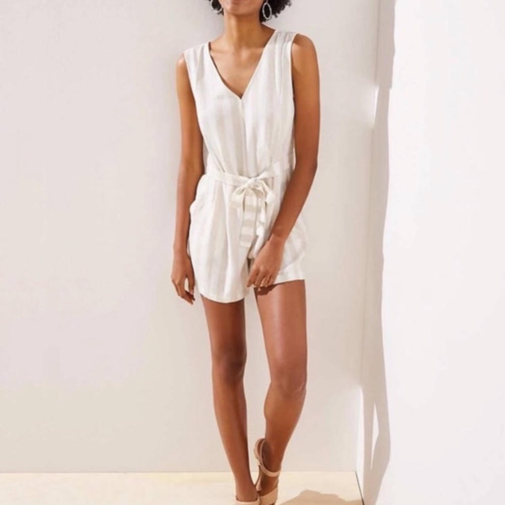 LOFT Tan and Cream Striped Romper with Tie Waist